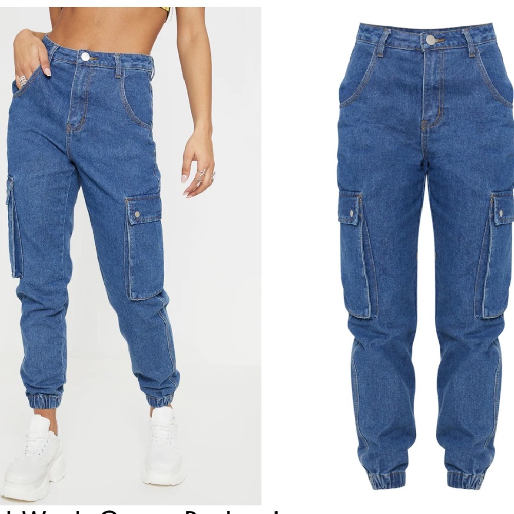 PrettyLittleThing Mid Wash Cargo Pocket Jeans